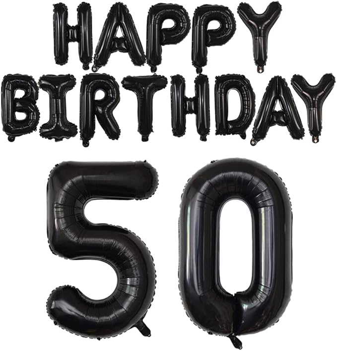 Happy Birthday Balloon Banner 40 inch 50 Balloon Number 16 Inch Happy Birthday Letters Balloons Black Foil Mylar Balloons for Women and Man 50th Birthday Decorations Party Supplies