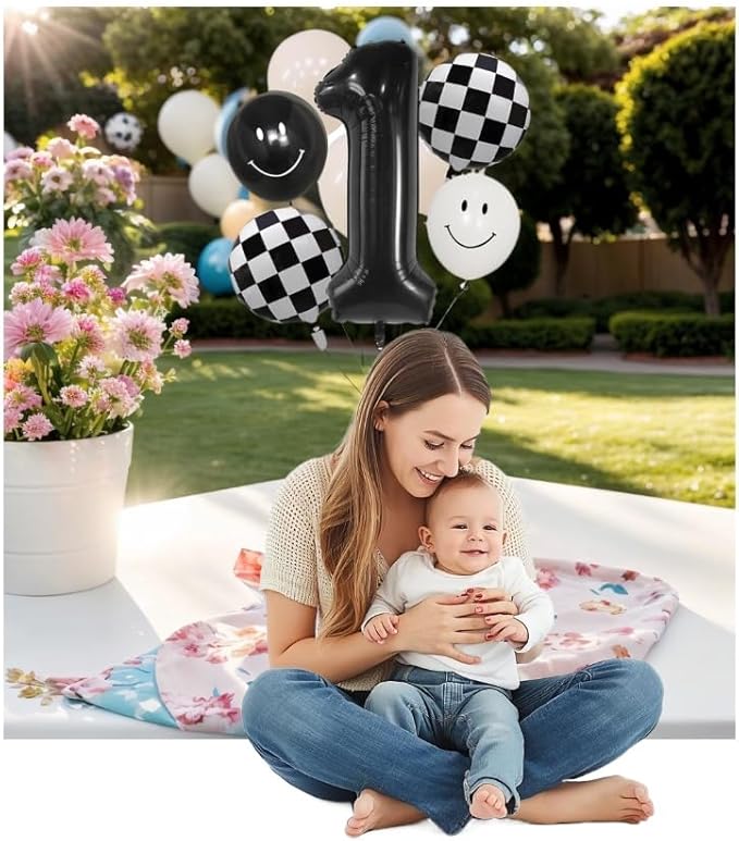 100% liked-One Happy Dude 1st Birthday Balloon Set – 40" Black & White Smiley Face Foil + Latex Balloons, Checkered Baby Shower Decorations, Kids Party Supplies for Boys and Girls