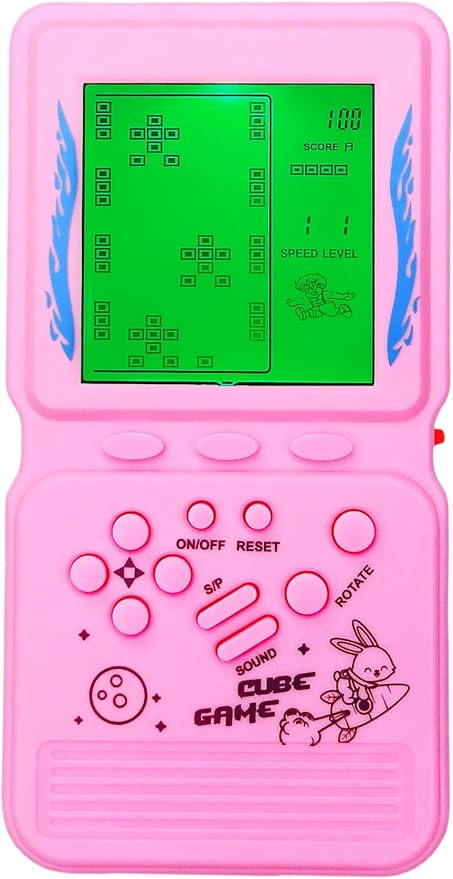 Electronic Cube Game Console Built-in 23 Block Games Thousands of Modes Green Backlight Adjustable Difficulty/Speed Handheld Puzzle Game Retro Toy for Children/Adults (Pink)
