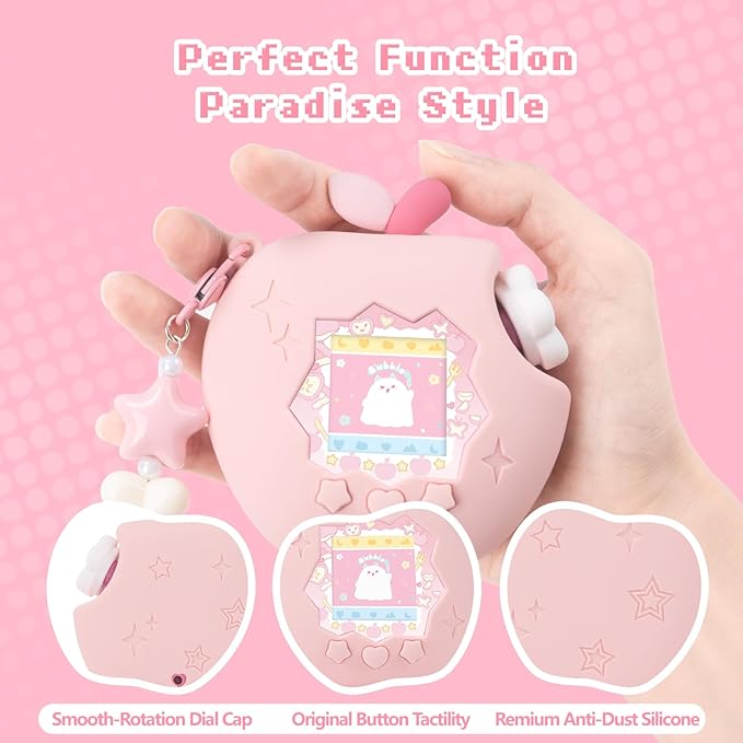 Apple Case for Tamagotchi Paradise, 4-iaradisen-1 Shockproof Silicone Protective Cover Kit with Faceplate, Flower Dial Cap & Charm, Kawaii Accessories for Girls & Adults (Pink)