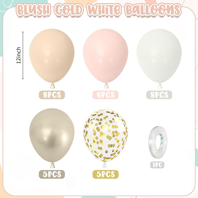 Blush Gold White Balloons,12 Inch White Sand Beige Metallic Gold Confetti Neutral Cream Nude Latex Balloon for Birthday Baby Bridal Shower Wedding Party Decoration