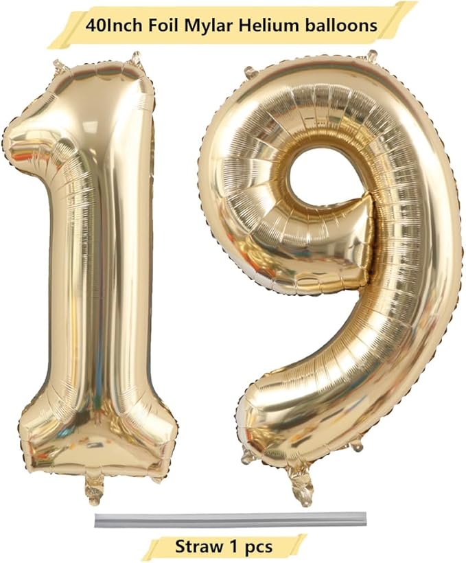 40 Inch Light Gold 19 Number Balloons White Gold Giant 19 Foil Mylar Helium Large Digital Balloon Champagne Gold Birthday Numbers Jumbo Balloons 19th or 91st Anniversary Party Decorations Supplies
