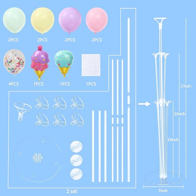 Ice Cream Party Balloons Stand for Table 2 Sets with 2 Ice Cream Foil Balloons 14 Pastel Latex Balloons for Sweet One Birthday Girl Baby Shower Party Decorations