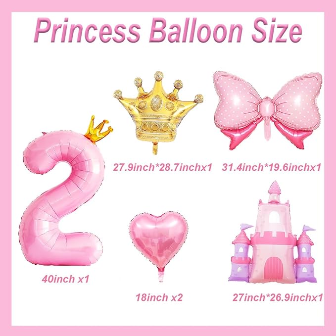 Princess Balloons for 2nd Birthday Decorations for Girl Pink Castle Balloons Large Pink Crown Number 2 Balloon for Princess Birthday Party Decorations