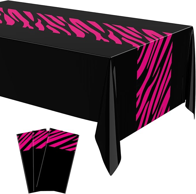 Buryeah 3 Pcs Zebra Tablecloth Zebra Print Plastic Tablecloth Animal Safari Table Cover 54 x 108'' for Baby Shower Wedding Birthday Party Decorations Supplies (Hot Pink, Black)