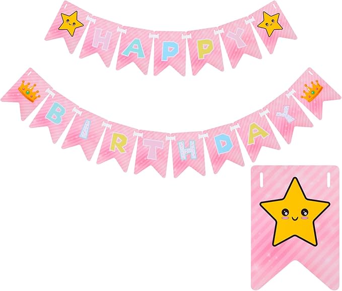 Ctosree Pink Princess Party Supplies 8.2ft Happy Birthday Banner Signs Pink Crown and Star Flag Hanging Bunting Banner Flag for Valentine's Galentine's Photo Props Birthday Party Decoration
