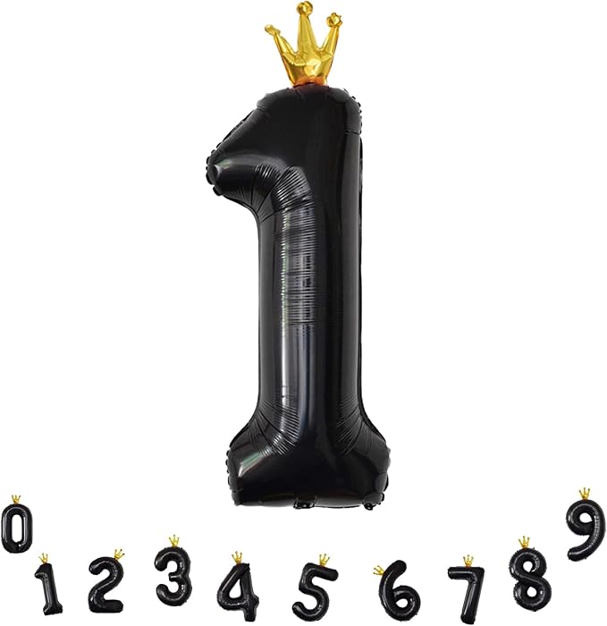 Crown Black 1 Balloon Number for Girls 1st Birthday Party, 40 Inch Large Number Foil Helium Balloons 0-9, for Boys 25st Birthday Party Baby Shower Anniversary Party Decoration Supplies