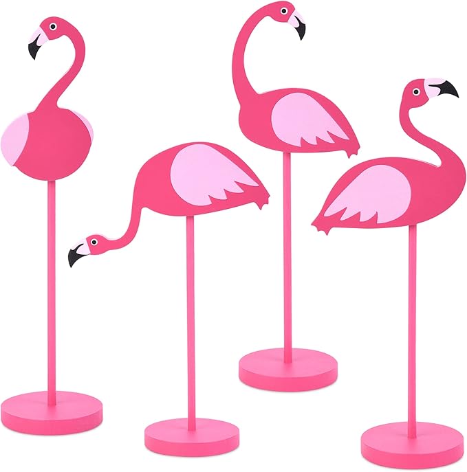 4Pcs Flamingo Wood Tall Standing Block Set Christmas Pink Flamingo Table Sign Tropical Bird Table Centerpieces Toppers for Home Office Desk Tier Tray Decor Party Supplies