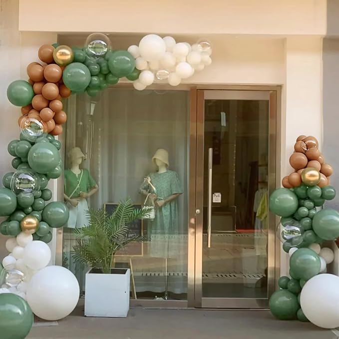 Sage Green Brown White Garland Arch Kit, 155Pcs Latex Balloons Different Sizes 18 12 10 5 inch for Safari Jungle Woodland Birthday Baby Shower Decorations