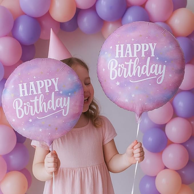 18 Inch Happy Birthday Foil Balloons, 4Pcs Pastel Pink Purple Blue Cloud Helium Mylar Round Birthday Balloons with Stars for Teen Girl Women Outer Space Starry Galaxy Baby Shower Party Decorations
