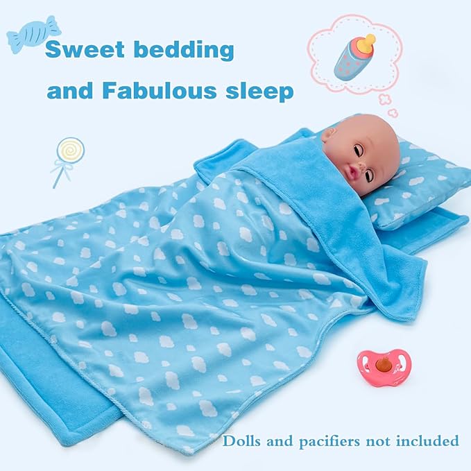 Baby Doll Accessories Dollhouse Bedding Set - Doll Blanket, Pillow & Mattress Playset for 18" Dolls,Gifts for Boys Girls Ages 3 4 5 Year Old (Blue Sky)