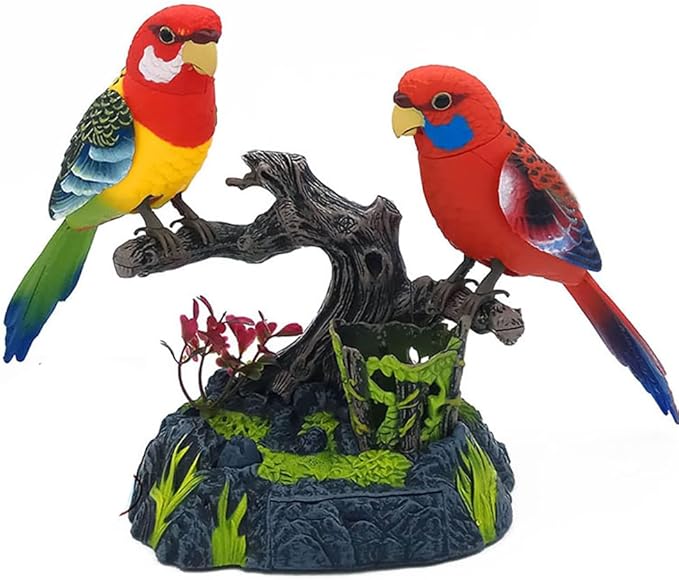 nulala Two Simulation Parrots Birds Desk Ornament - Voice Controlled Parrots Chirping and Wings Flap - Electronic Birds Pet for Home Garden Decor Ornament (513EF)