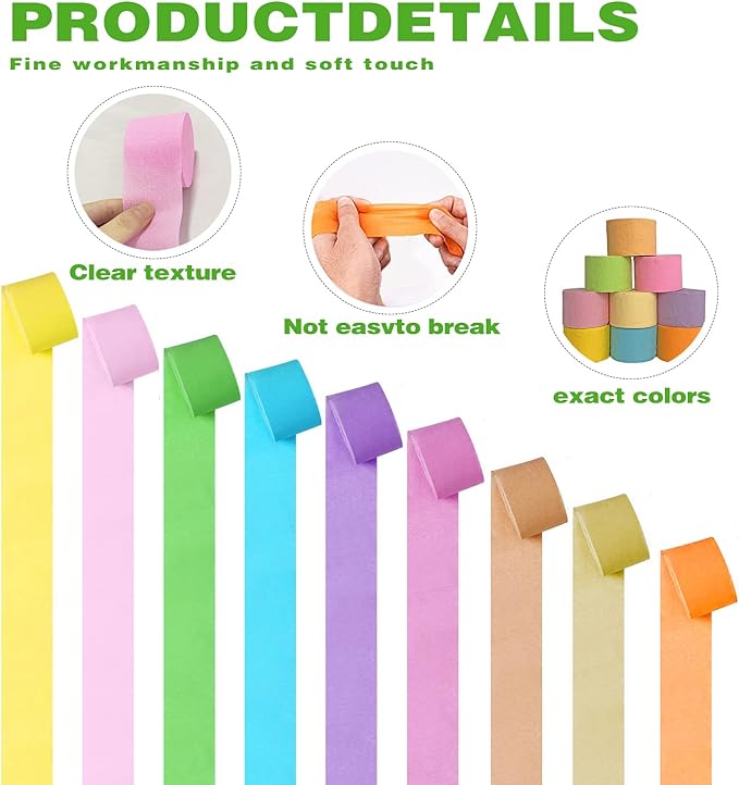 Crepe Paper Streamers 9 Rolls 738ft,Pack of Rainbow Assorted Colored Party Streamers,9 Colors Streamers Party Supplies, for Birthday Decorations,Rainbow DIY,Wedding Baby Shower (1.8 Inch x 82 Ft/Roll)