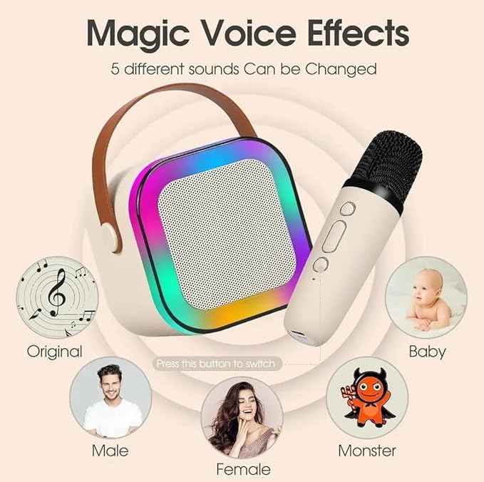 Portable Karaoke Set with 2 Wireless Microphones and Bluetooth Speaker, Karaoki Machine for Kids, Great Gift for Kids on Birthday, Christmas or Any Occasion, Perfect for Family Home Party (Beige)