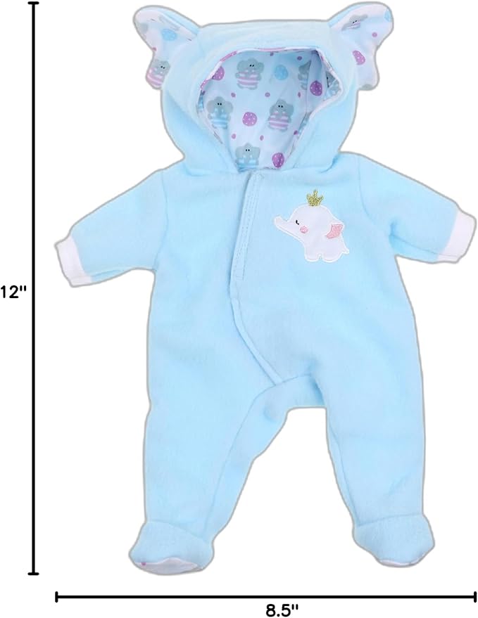 JC Toys | Berenguer Boutique | Baby Doll Outfit | Blue Elephant Themed Hooded Onesie | Ages 2+ | Fits Dolls 14"- 16"