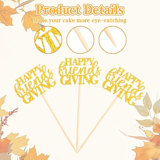 Happy Friendsgiving Cupcake Toppers, 24 PCS Glitter Happy Thanksgiving Cupcake Picks, Gold Give Thanks Cake Decorations Food Picks for Happy Thanksgiving Day Themed Birthday Party Decoration Supplies