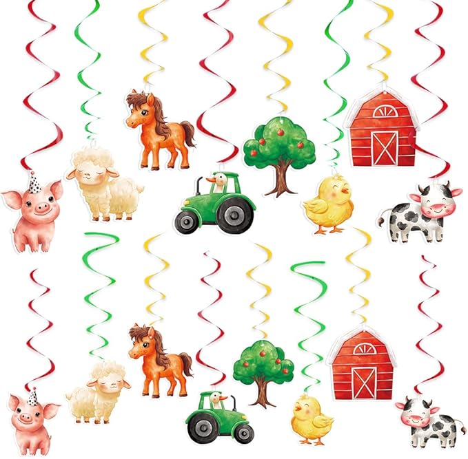WERNNSAI Farm Animal Hanging Swirl Decorations - 16PC Farm Hanging Foil Swirls Ceiling Supplies Barnyard Party Hanging Streamers for Kids Farmhouse Theme Party Baby Shower
