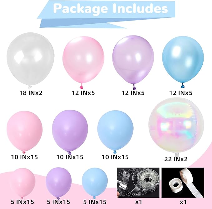 Pink Blue Purple Balloons Arch Kit Iridesent Balloons Clear Balloon Pastel Pearl Pink Purple Lavender Blue Balloon Garland for Girl Gender Reveal Hawaii Birthday Baby Shower Mermaid Party Decor