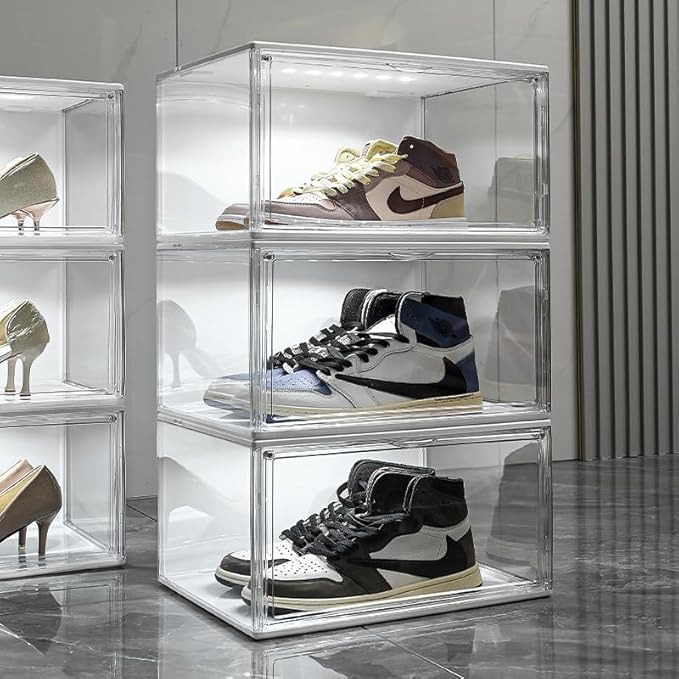 14.17"X10.63"X8.66" Acrylic Display Case with lights, Clear Storage Organizers Box with Magnetic Door, Dustproof Showcase for Handbags, Purses, Boots, Figures, Book