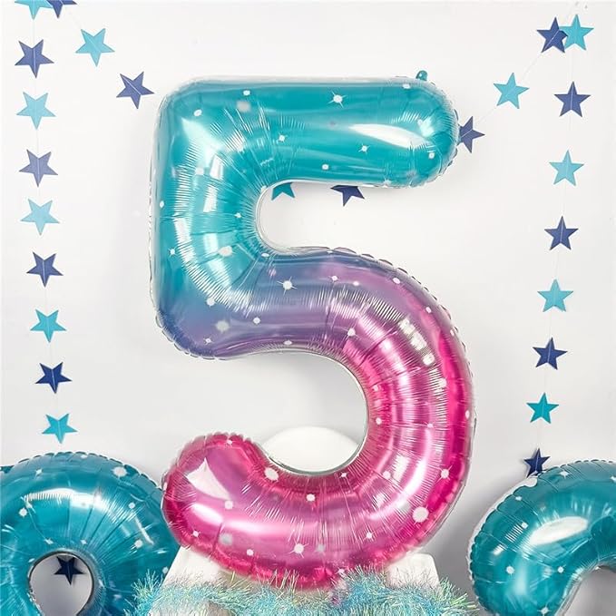 Mermaid Starry 5 Balloons, 40 Inch Giant Teal Blue Purple Mylar Foil Number 0-9 Helium Balloon for Girls, Self Inflating Rainbow 5th Birthday Balloon for Women Anniversary Party Decorations Supplies