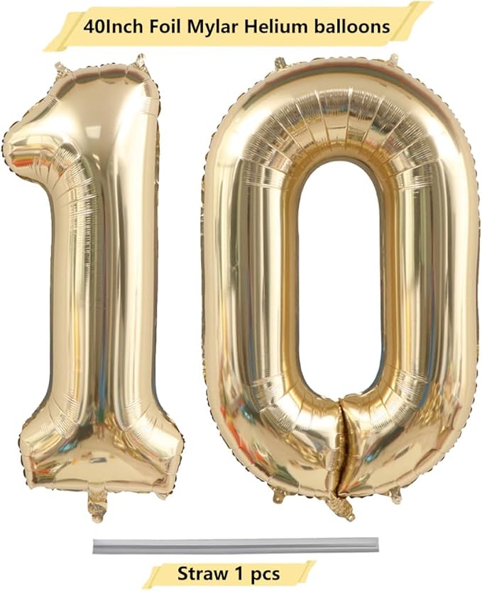 40 Inch Light Gold 10 Number Balloons White Gold Giant 1 & 0 Foil Mylar Helium Large Digital Balloon Champagne Gold 10th Birthday Anniversary Events Party Decorations Supplies