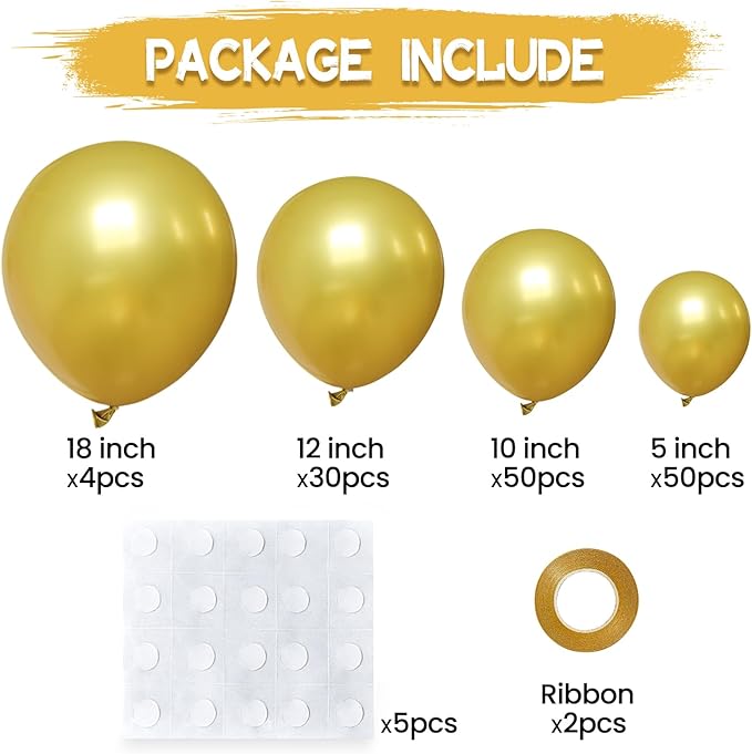 134Pcs Metallic Gold Balloons Different Sizes 5 10 12 18 Inch Chrome Gold Latex Balloon for Birthday Wedding Baby Shower.