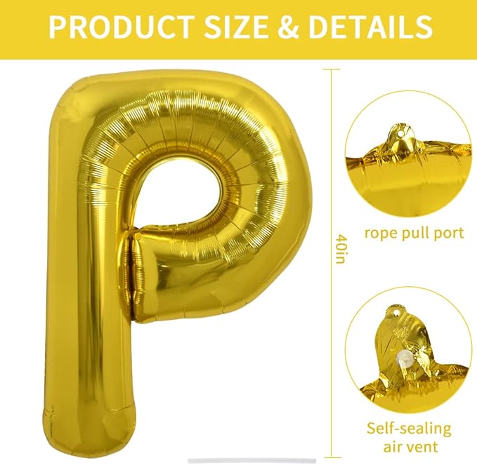 TONIFUL 40 Inch Large Gold Letter P Balloons Helium Balloons,Foil Mylar Big Balloons for Birthday Party Anniversary Supplies Decorations