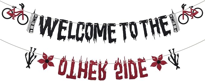 Glitter Welcome to the Other Side Banner for Birthday Party Decorations Upside Down Banner Stranger Party Decorations for Boys Girls Spooky Theme Party Supplies Birthday Backdrop Wall Decors Photo Props