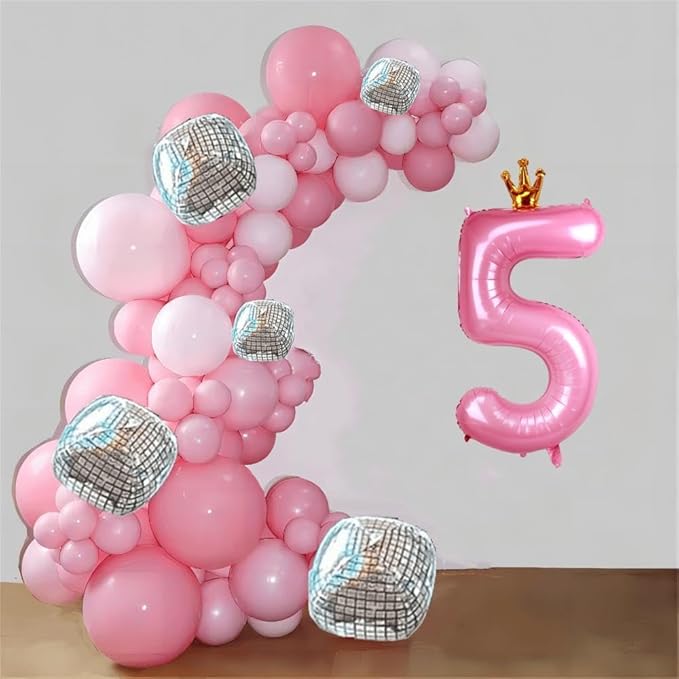 40 Inch Crown Pink Number 5 Balloon, Big Conjoined Baby Pink Foil Mylar Helium 5 Balloon for Girls 5th Birthday Party Decoration Princess Theme Party Decor Supplies Favors