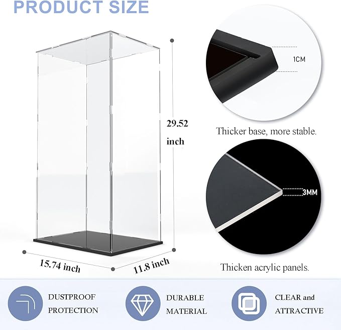 DuvinDD Acrylic Display Case for Large Collectibles, 29 inch Tall Clear Display Box for Doll Bearbrick 1000% Lego 10341 Dustproof Protective Showcase Assemble Acrylic Box with Black Base