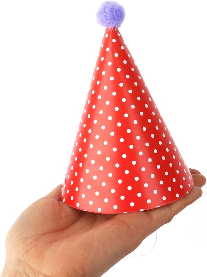 Party Hats for Kids Birthday Hats, DIY Mini Cone and Crown Set with Pom Poms, Small Paper Caps for Stuffed Animals, Pets or Toddler Decorations, Assorted Rainbow Colors