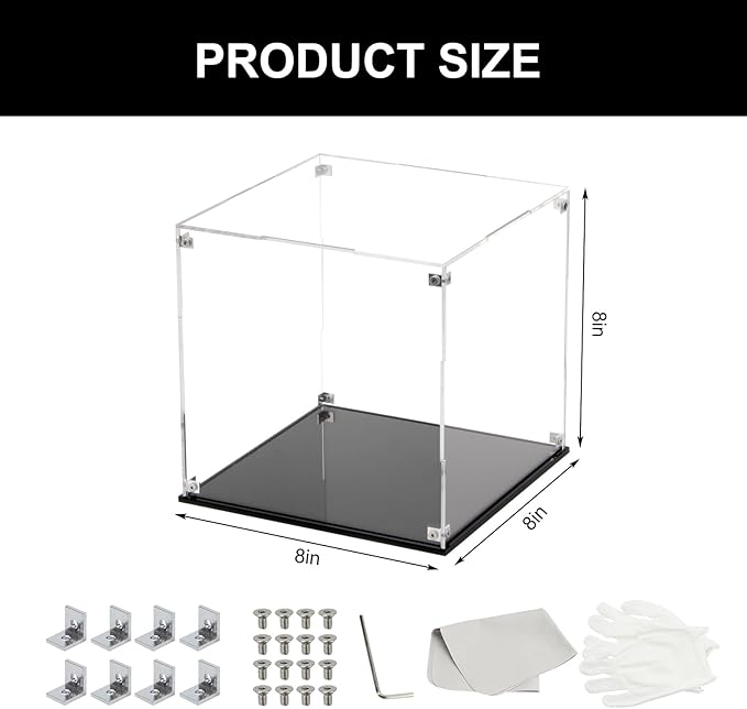 Clear Acrylic Display Case for Collectibles Assemble, Cube Box Dustproof Protection Showcase with Black Base, Alternative Glass Case for Display Figures Toys Home Storage Box, 8x8x8Inch
