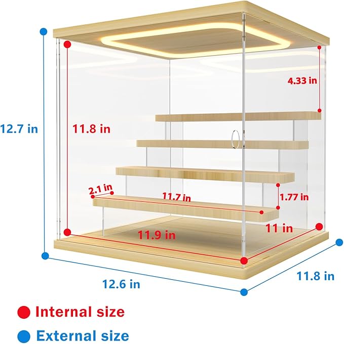 Nynelly Acrylic Lighted Display Case for Collectibles, 5 Tier Figure Display Box with Door and Steps, Assemble Dustproof LED Showcase Storage Box for Mini Figures, Funko Pop, Toys, Wood Color