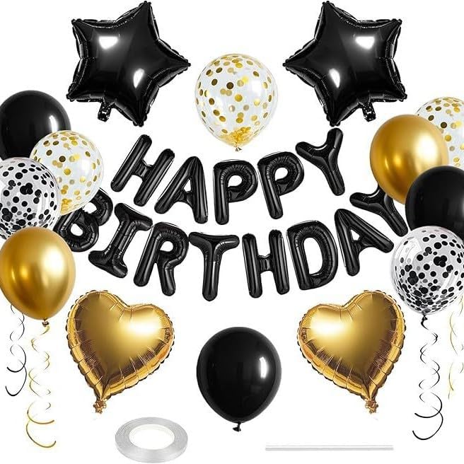 27Pcs Black Gold Birthday Party Decorations Kit 16 Inch Happy Birthday Balloon Banner Pentagram Heart Balloons Confetti Latex Balloons Party Decoration Supplies