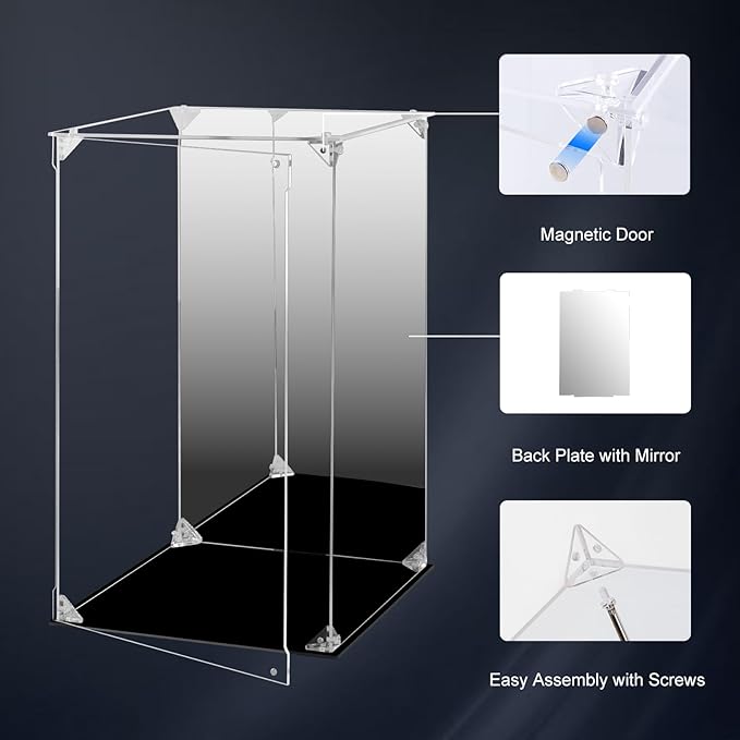 Acrylic Display Case for Collectibles Assemble Clear Acrylic Display Box with Mirrored Back, Alternative Glass Case for Action Figures Lego Model Doll Toys Display (12x12x15.7 inch; 30x30x40 cm)