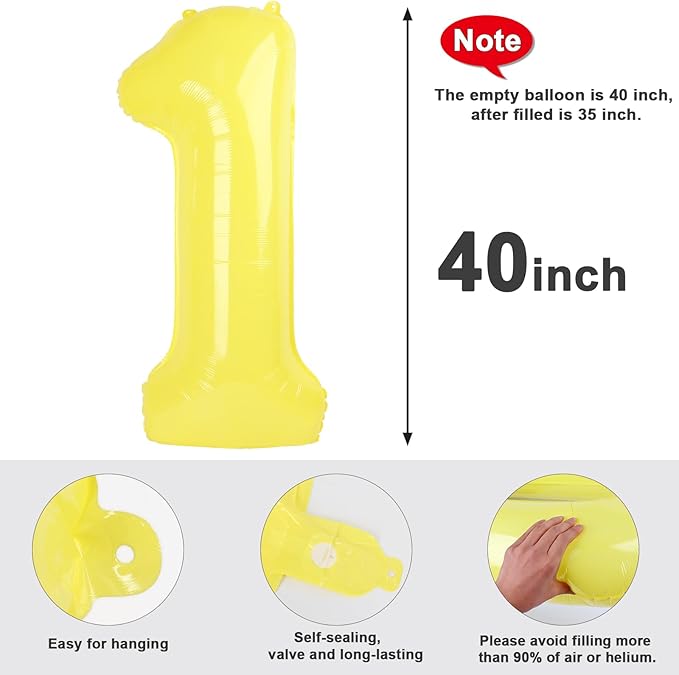 Number Balloons 1, 40 Inch One Balloons for 1st Birthday Girl Boy 1 11 21 Party Decorations Baby Shower Photo Shoot, Yellow 1 Balloon