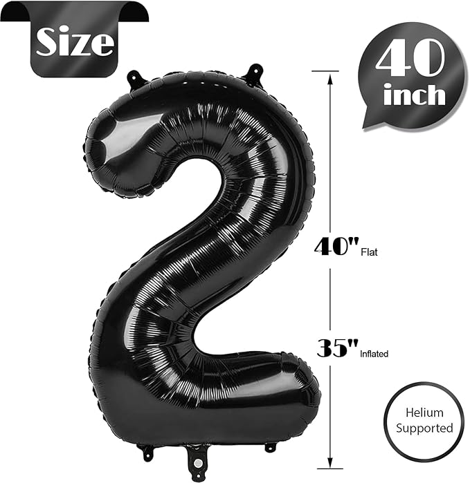 Number 2 Balloon, Black, 40 Inch, Unisex, Birthday Decorations, All Ages, Reusable, Self Sealing, Foil Mylar