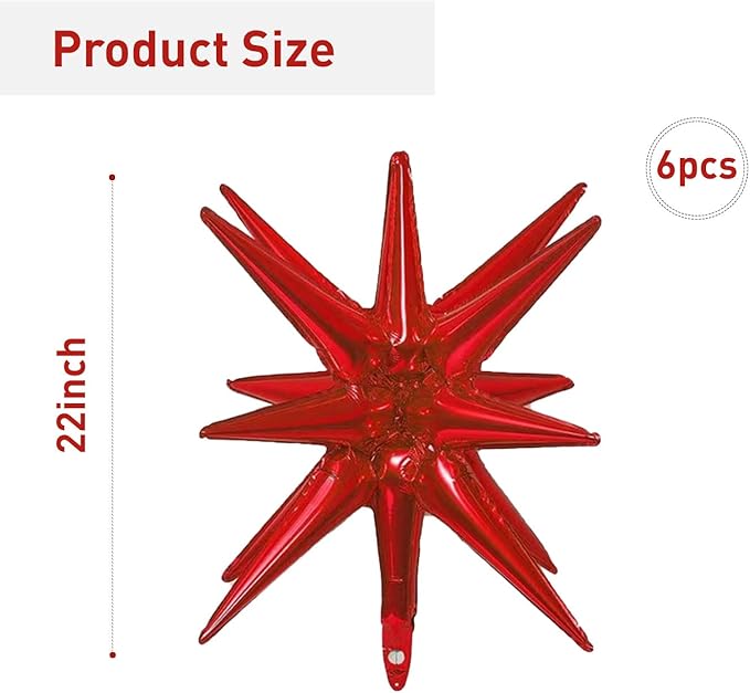 6 Pcs Red Star Foil Balloons One-Piece 14-Pointed Star Balloon 4D Starburst Cone Mylar Balloon 22inch Christmas Birthday Wedding Wedding Anniversary Party Supplies(Red)