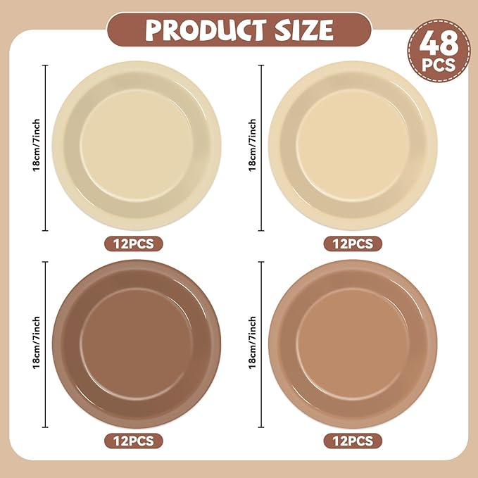 48Pcs Brown Theme Birthday Party Paper Plates for Boho Baby Shower Table Supplies 7" Brown Gradient Color Round Birthday Disposable Dessert Cake Plates Farmhouse Wedding Gathering Party Decorations