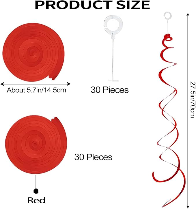 30 Pieces Hanging Swirl Party Decorations Ceiling Spiral Plastic Streamer for Birthday Graduation Wedding Celebration Baby Shower Party（Red）