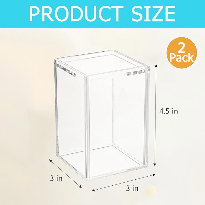 Frcctre 2 Pack Clear Acrylic Display Case, 3x3x4.5 Inches Small Stackable Showcase with Sliding Door, Dustproof Blind Box Organizer Cases for Mini Figures, Collectibles, Toys, Action Figures