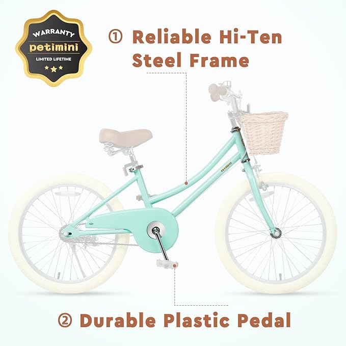 Petimini Vintage Kids Bike for Girls, 12–20 Inch Classic Bicycle with Wicker Basket & Bell, High Tensile Steel Frame, Training Wheels (12–18”), 85% Pre-Assembled, Retro Bike for Outdoor Riding