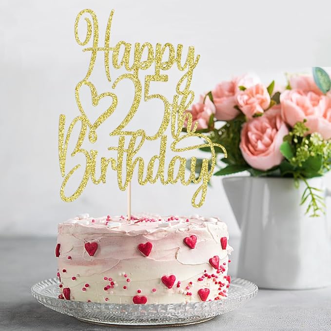 Gold Glitter Happy 25th Birthday Cake Topper - Cheers to 25 Years Cake Topper, 25 & Fabulous Cake Decoration for Hello 25th Birthday Anniversary Party Cake Decorations Supplies