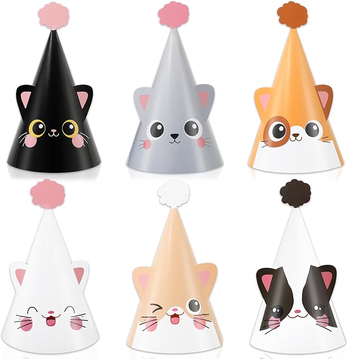 24 PCS Cat Birthday Party Decoration for Kids Cute Kitten Themed Party Cone Hats Cat Theme Cone Hats Kids Birthday Headwear for Boys and Girls Cosplay Dress Up Kitten Themed Supplies，6 Designs