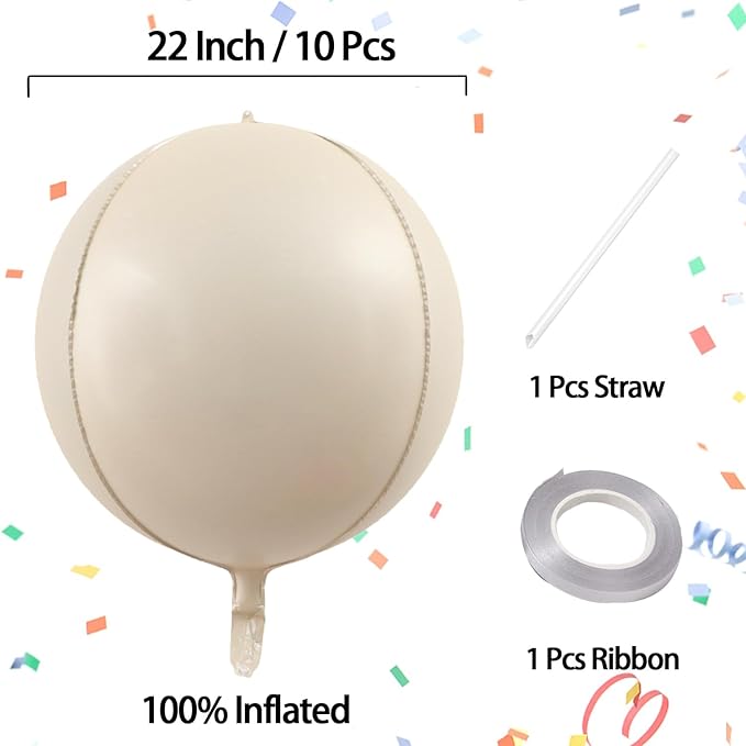 KALOR 22 Inch White Sand Ball Foil Balloons,10 Pcs Beige Large 4D Giant Round Foil Balloon for Birthday Party Baby Shower Gender Reveal Supplies