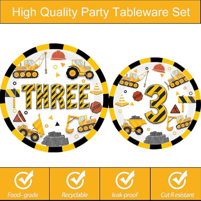 51 Pcs Construction 3rd Birthday Party Supplies Dump Truck Three Years Old Tablecloth Paper Plates Napkins Forks Dinnerware for Construction 3rd Birthday Party Supplies Decorations