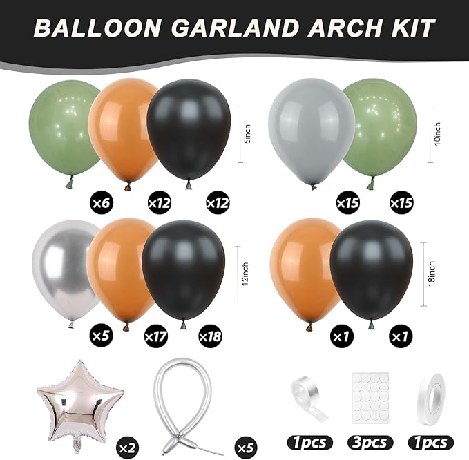 Green Gray Balloon Arch Kit,Sage Green Gray Brown Metallic Silver Balloons with Star Foil Balloon for Boy Birthday Party Decorations Baby Shower Graduation Party Supplies