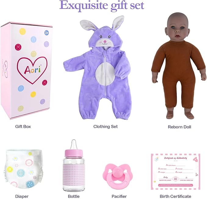 Aori Black Baby Dolls Realistic,17-inch Lifelike Soft Body Baby Girl That Look Real with Feeding Kit Included, Ideal Gift for Kids, Birthday, Pretend Play