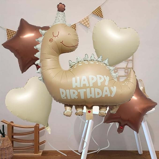 35''Nude Dinosaur Birthday Balloons &18''Brown Star Cream White Heart Foil Helium Balloon for Baby Shower Birthday Girl Boys Kids Dinosaur Theme Vintage Party Decorations Supplies 5Pcs