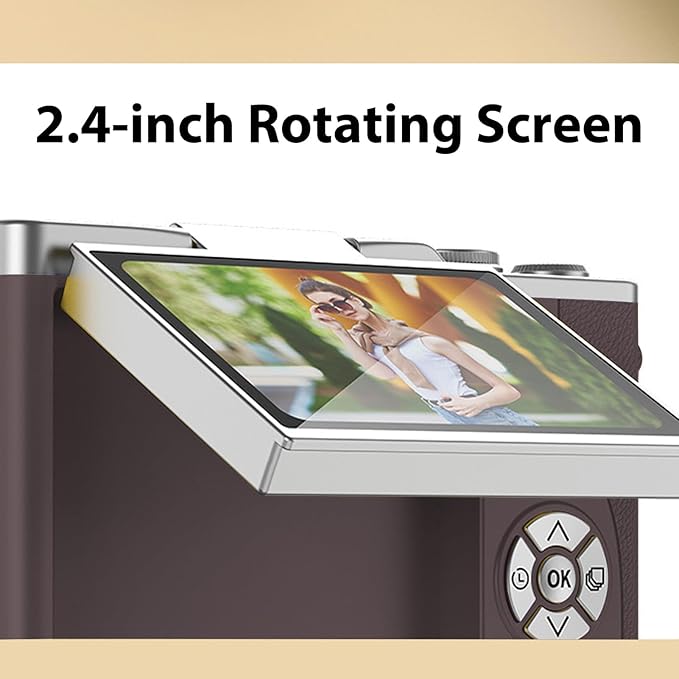 Denash Foldable Screen Kids and Beginners Camera,4K Digital Camera for Photography,48MP Digital Foldable Support 16X Zoom with Flip Scree (Brown)